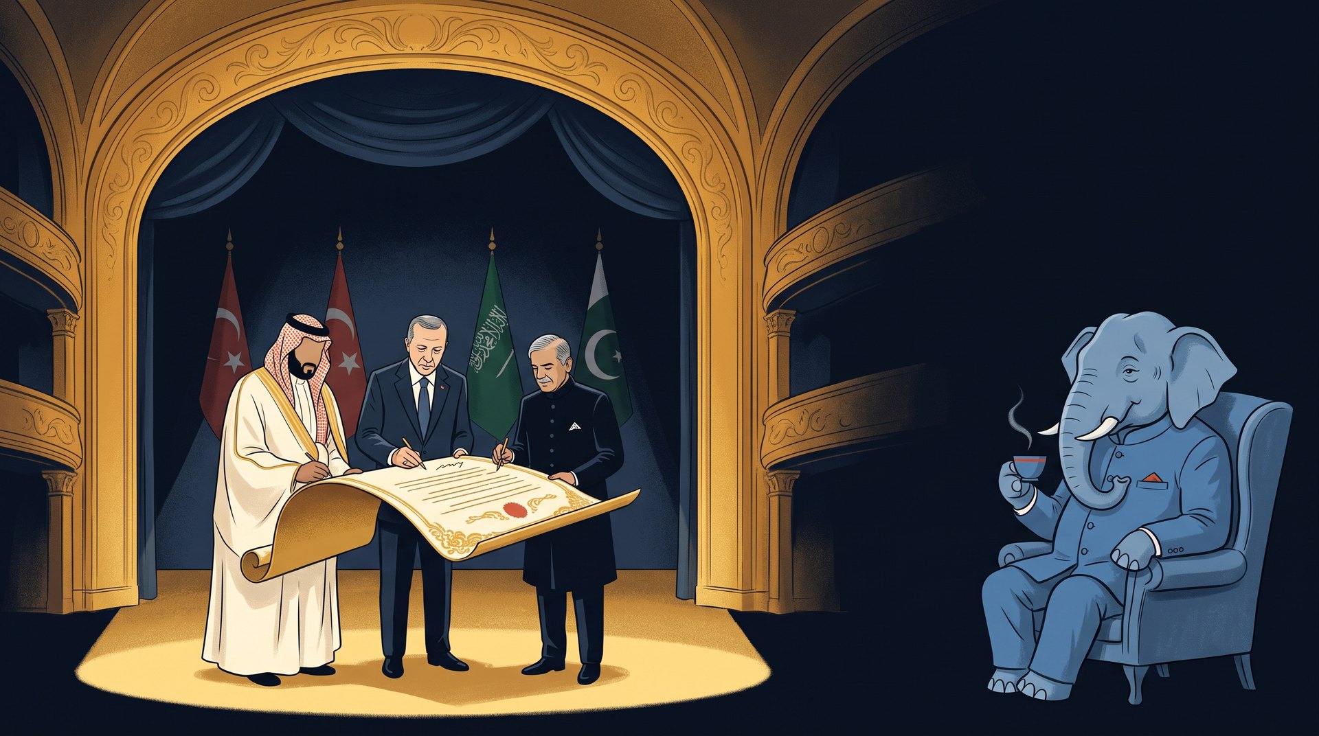 Editorial illustration: the leaders of Saudi Arabia, Turkey and Pakistan sign an ornate, oversized document on a grand golden stage, while a calm blue elephant representing India watches from an armchair with a cup of tea.